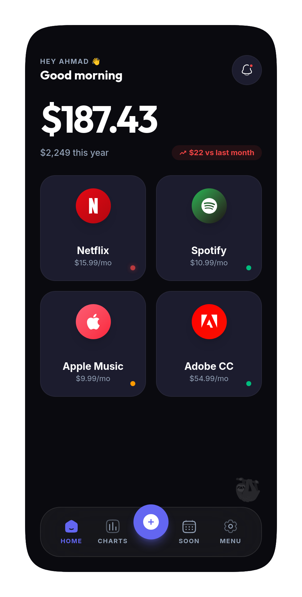 Slomo home dashboard showing monthly subscription total