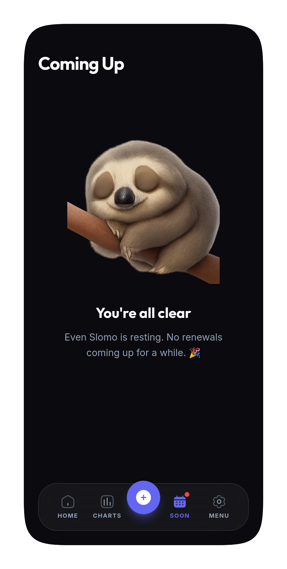 Slomo renewal alerts screen with the sleeping sloth